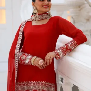 Stylish Red Designer Sharara Pair Set with Heavy Georgette Embroidered Women's Stitched Kurti - Perfect for Weddings & Festive Wear | Perfect for Bridal & Party Wear |sharara kurta set | sharara kurta|Sharara Pair | Red Sharara | Red