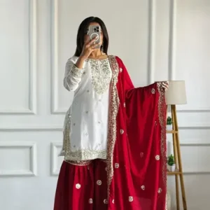 PARTY WEAR HEAVY CHINON GHARARA SUIT SET WITH EMBROIDERY WORK & DUPATTA